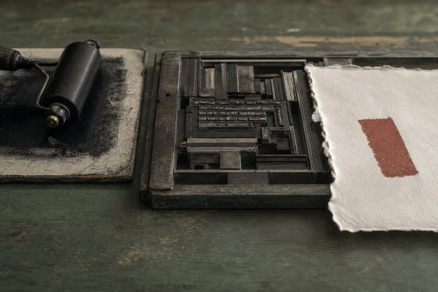 Close-up of metal letterpress type set in a composing frame