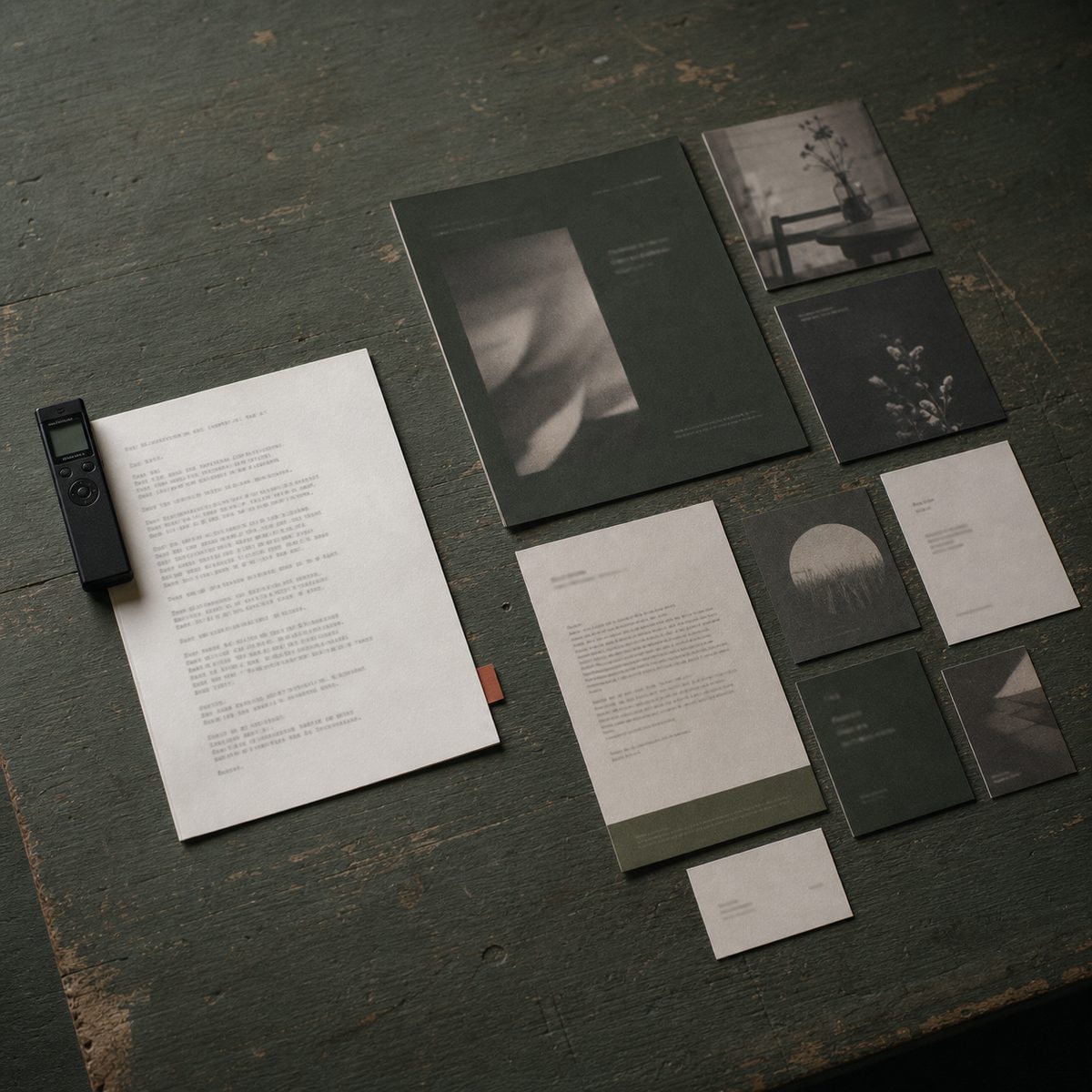 A voice recorder beside a typed transcript and a spread of finished printed marketing pieces on a dark wooden table