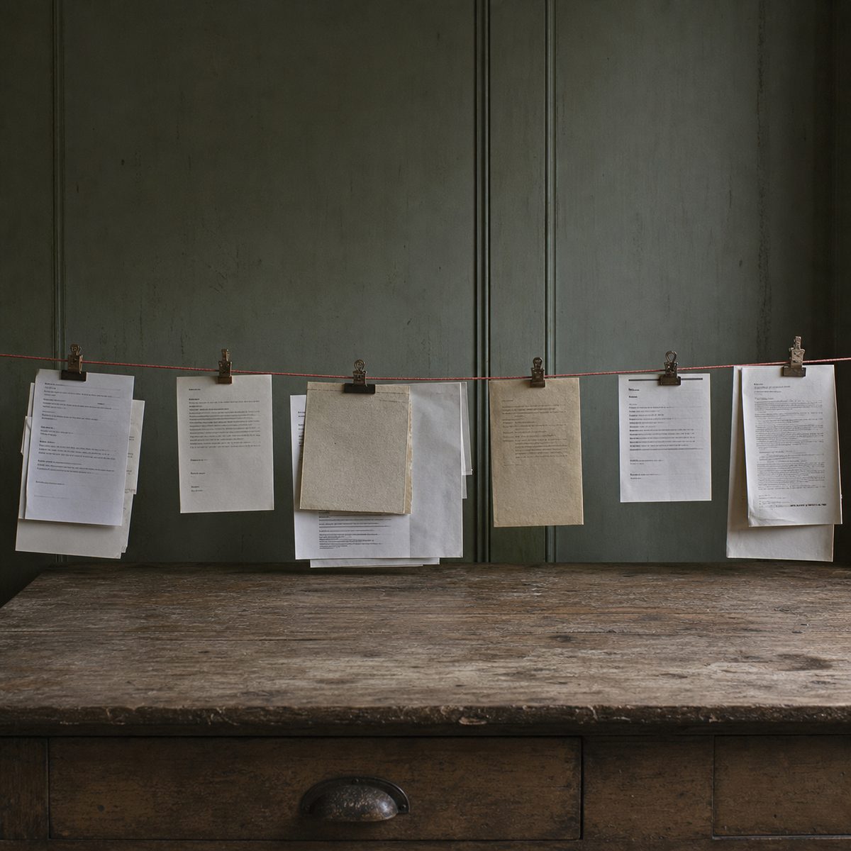 Printed pages pegged along a line above a worn wooden desk against a dark green panelled wall