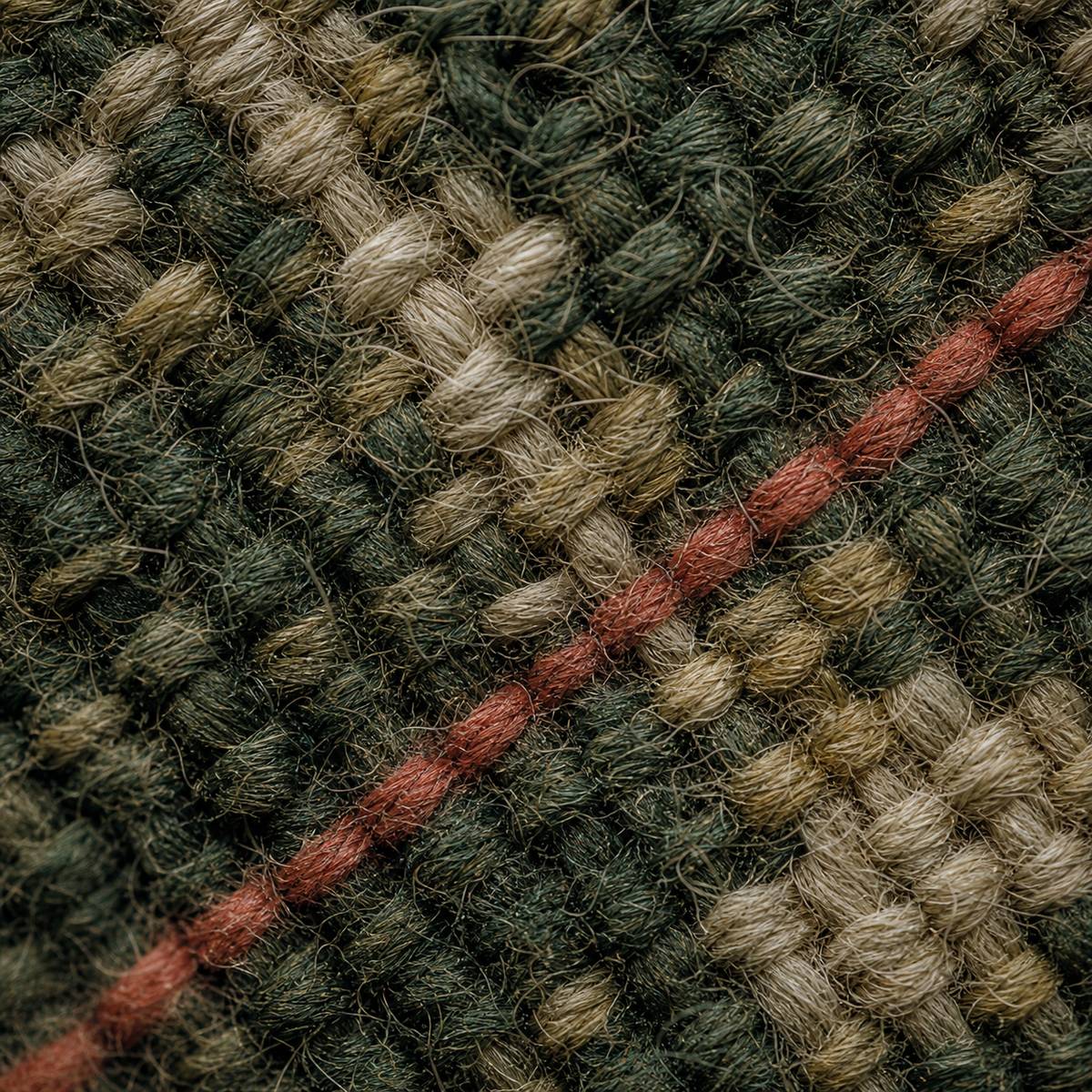 A close-up of woven green and cream wool crossed by a single terracotta thread
