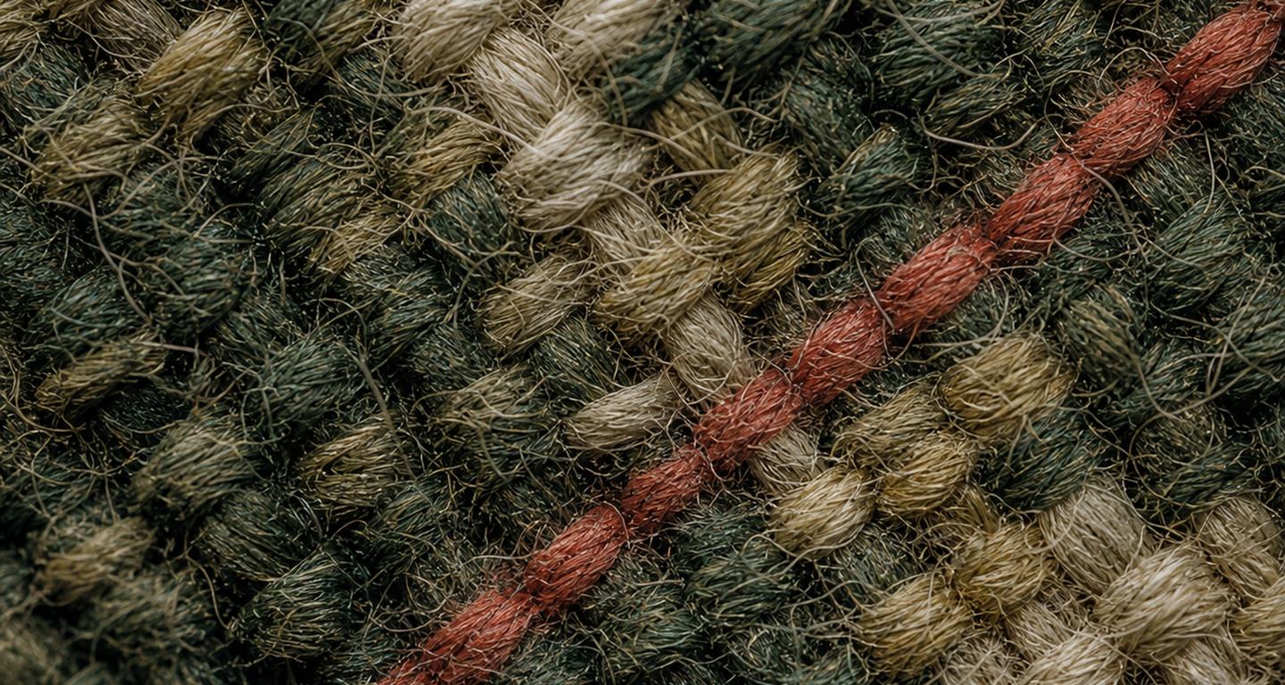 A close-up of woven green and cream wool with a single terracotta thread running through the weave